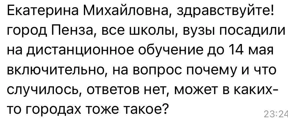 Екатерина Мизулина: Сегодня губернатор Пензенской области заявил о том, что оперативным штабом региона было принято решение перевести ряд учебных заведений на дистанционное обучение с 12 по 14 мая в связи с повышенной...