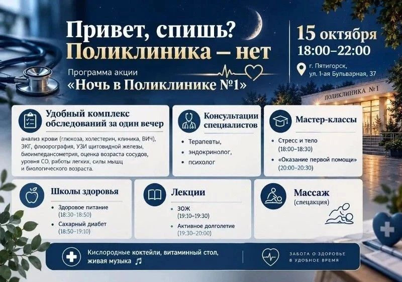 «Привет, спишь? А поликлиника — нет!» Самая здоровая вечеринка этого года запланирована в пятигорской Поликлинике №1 «Привет, спишь? А поликлиника — нет!» Самая здоровая вечеринка этого года запланирована в пятигорской Поликлинике №1