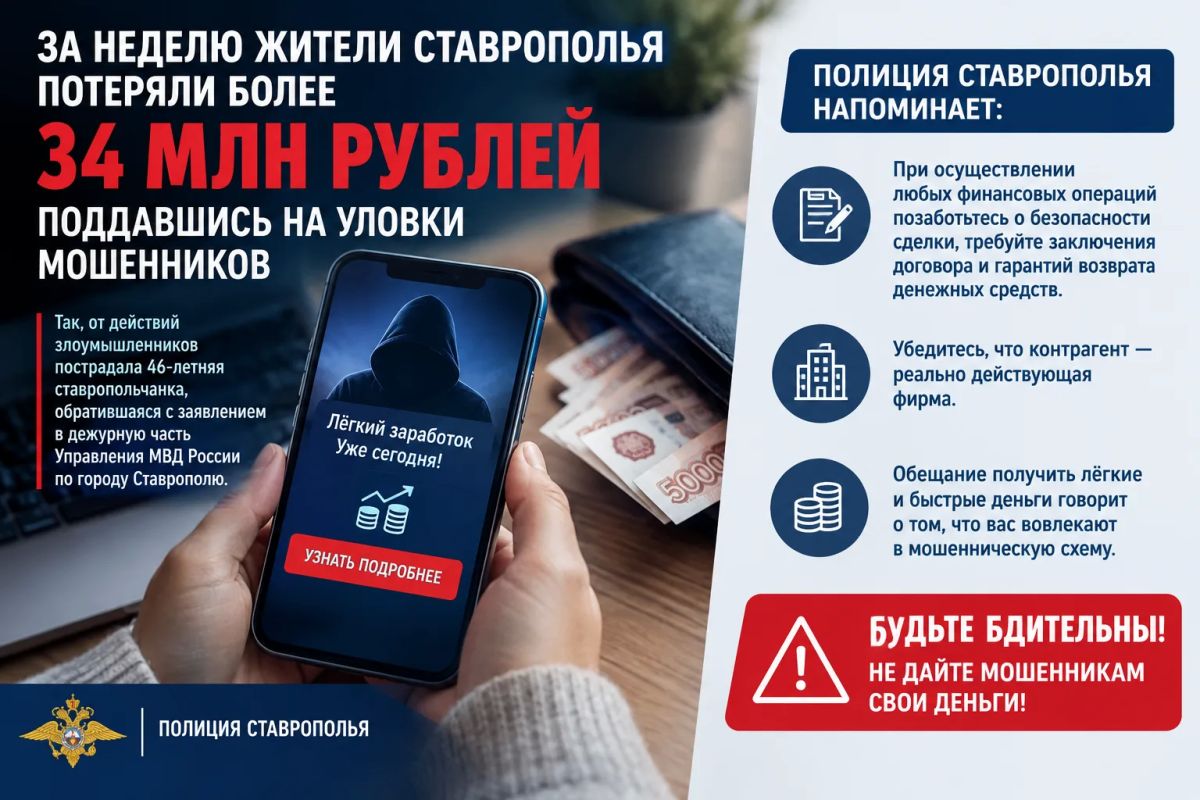 За неделю жители Ставрополья потеряли более 34 млн рублей, поддавшись на уловки мошенников