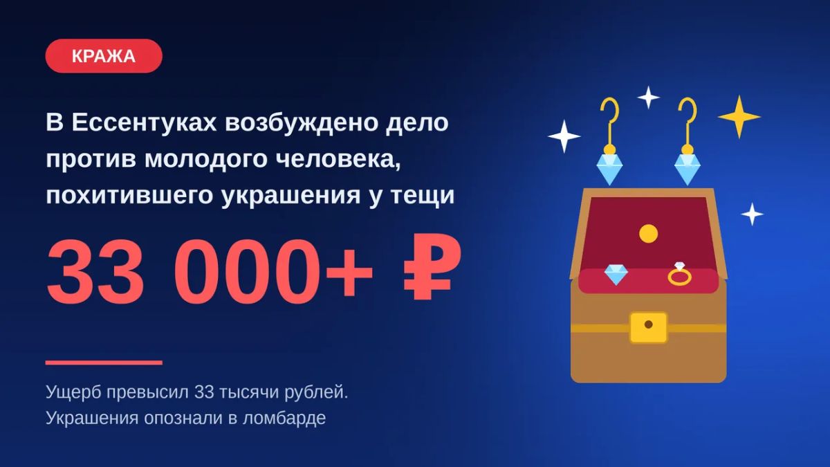 В Ессентуках возбуждено уголовное дело в отношении молодого человека, похитившего украшения у тещи